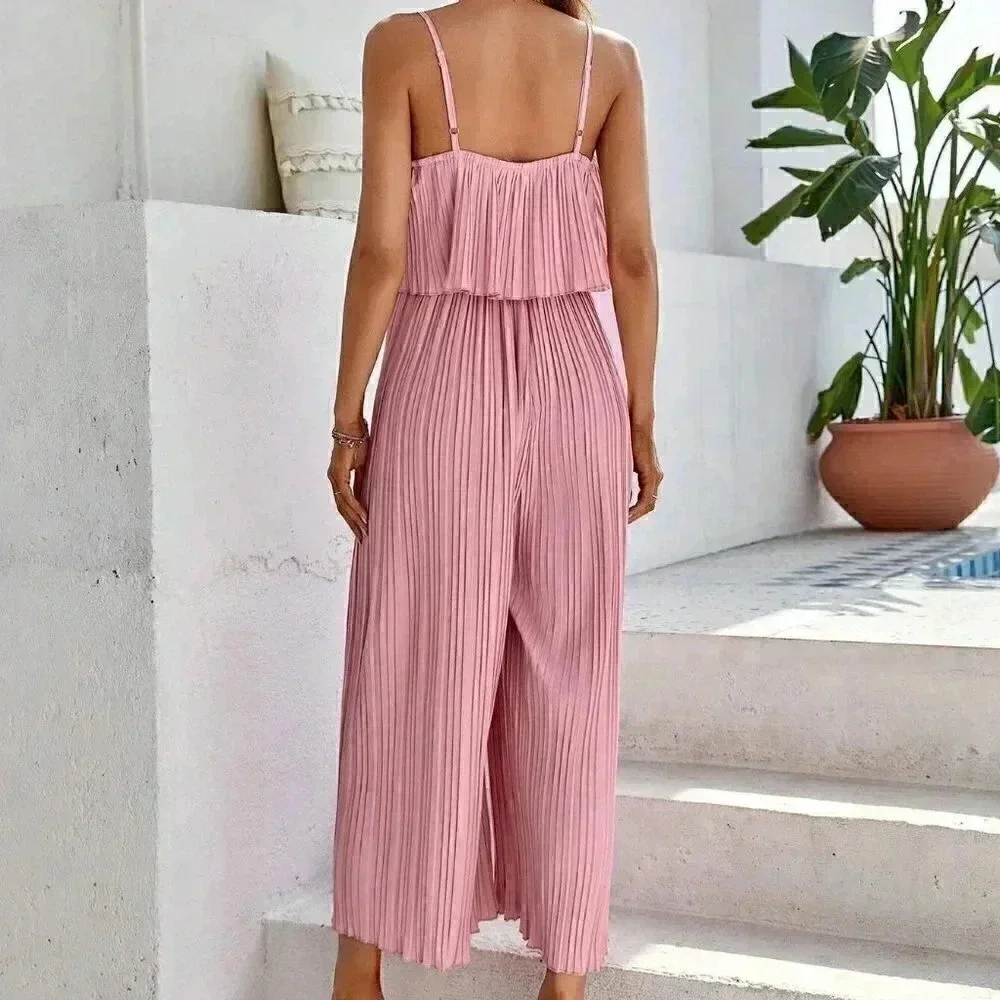 Pink Preppy Womens Solid Pleated Cami Jumpsuit